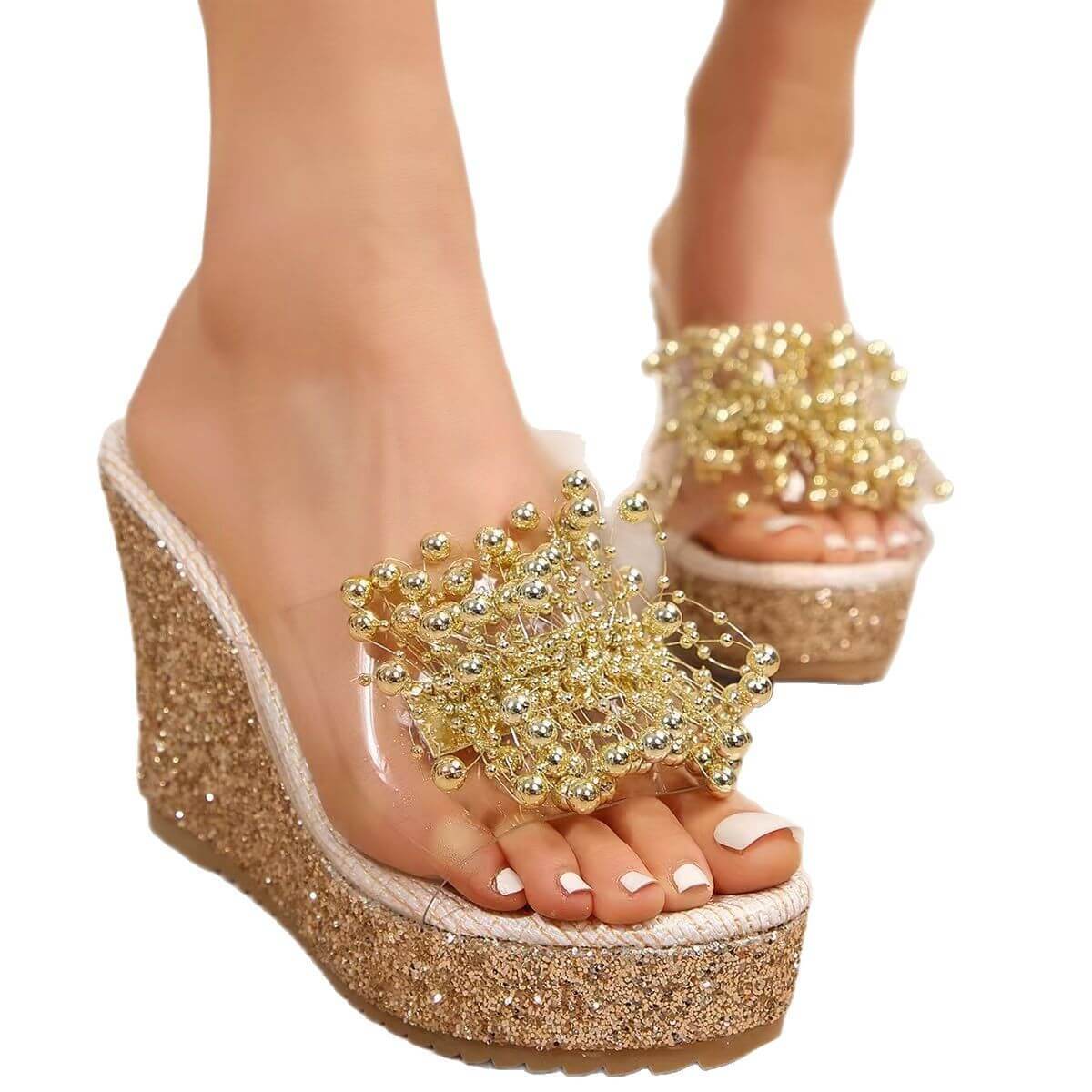 Sandales compensées pailletées pour femme avec détails en métal et fleurs