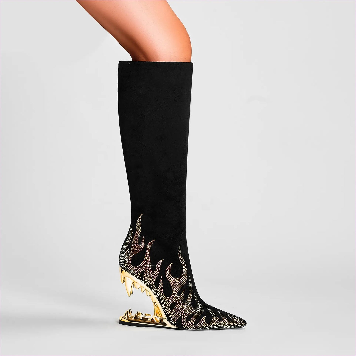 Unique Tiger Mouth Design Heel with Rhinestone Flame Gold