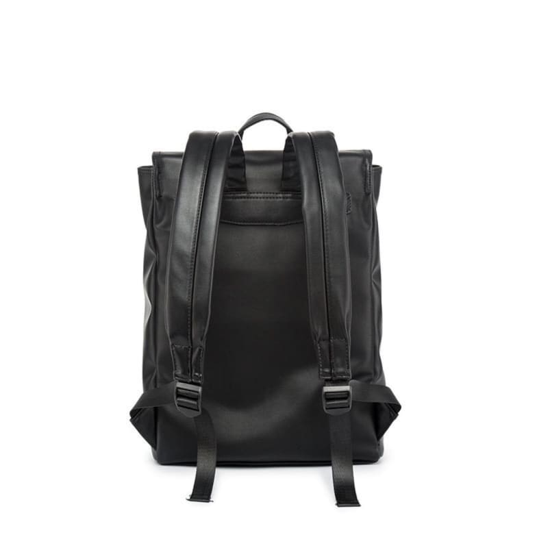Black leather backpack with adjustable straps and a top handle.