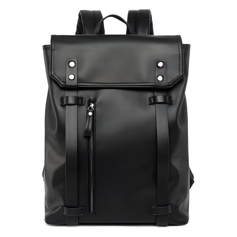 Black leather backpack with metal studs and a vertical zipper pocket.