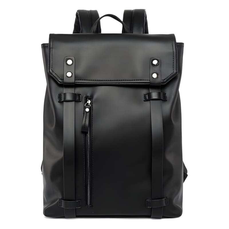 Black leather backpack with metal studs and a front flap closure.