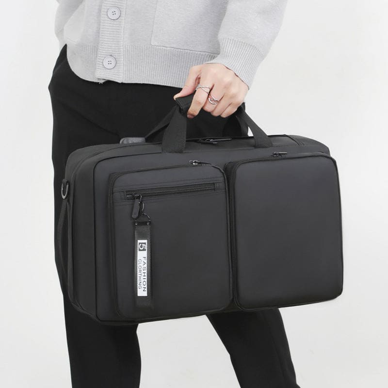 Black multifunctional laptop bag with multiple compartments and handles.