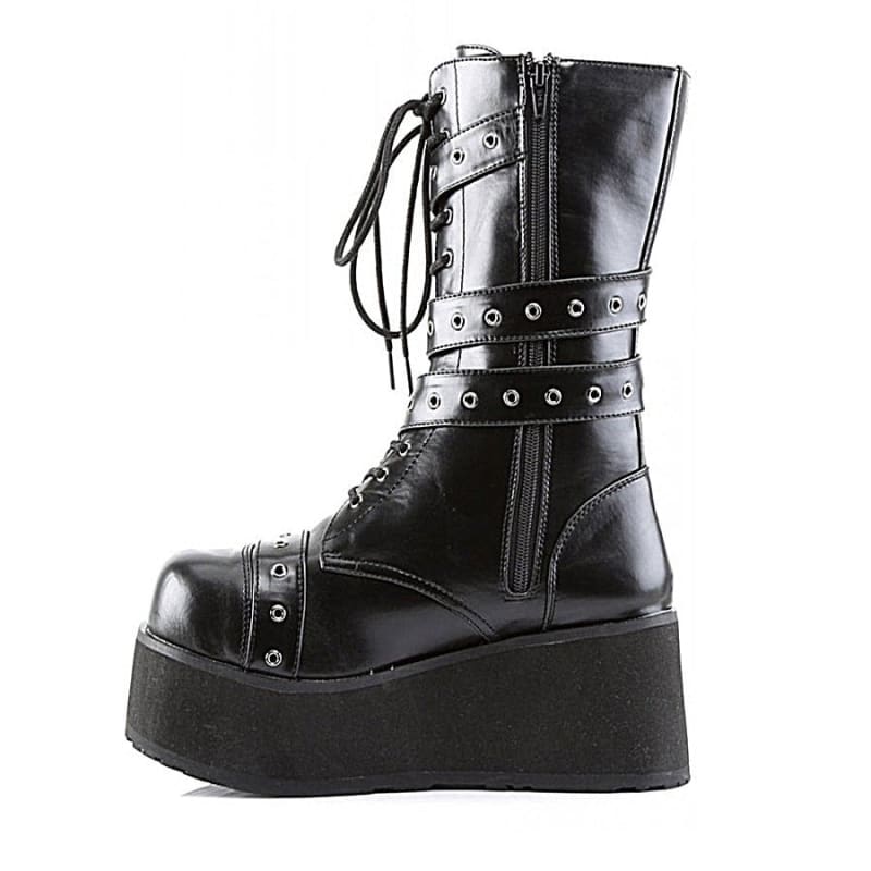 Black leather platform combat boot with studded straps and lace-up front.