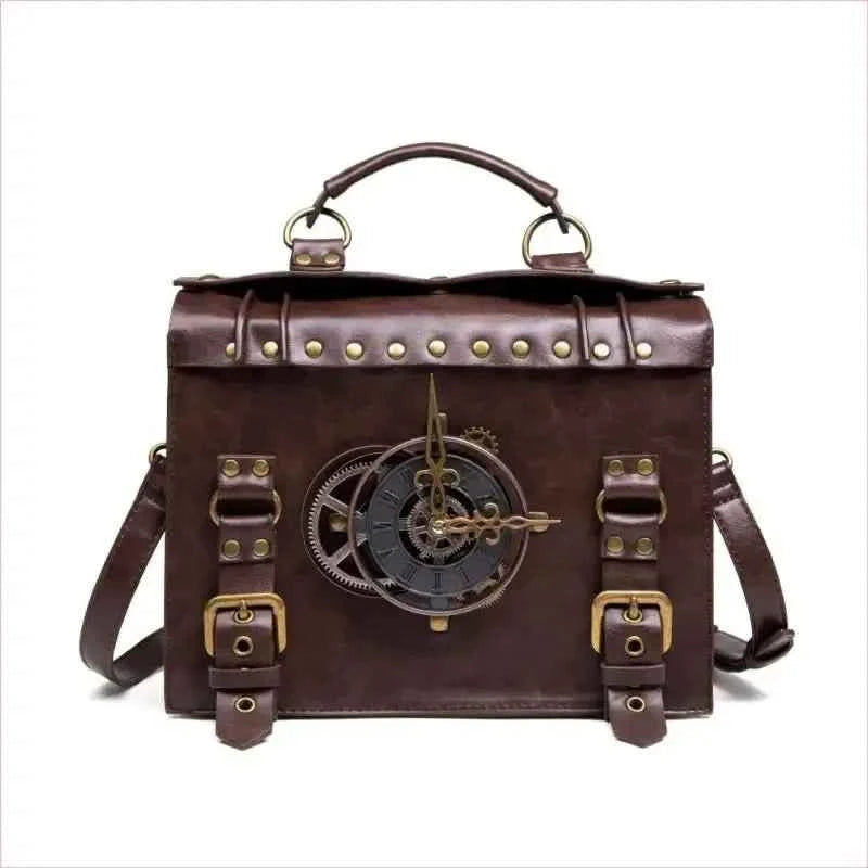 Brown Leather Steampunk Satchel with Clock Mechanism - Pleasures and Sins