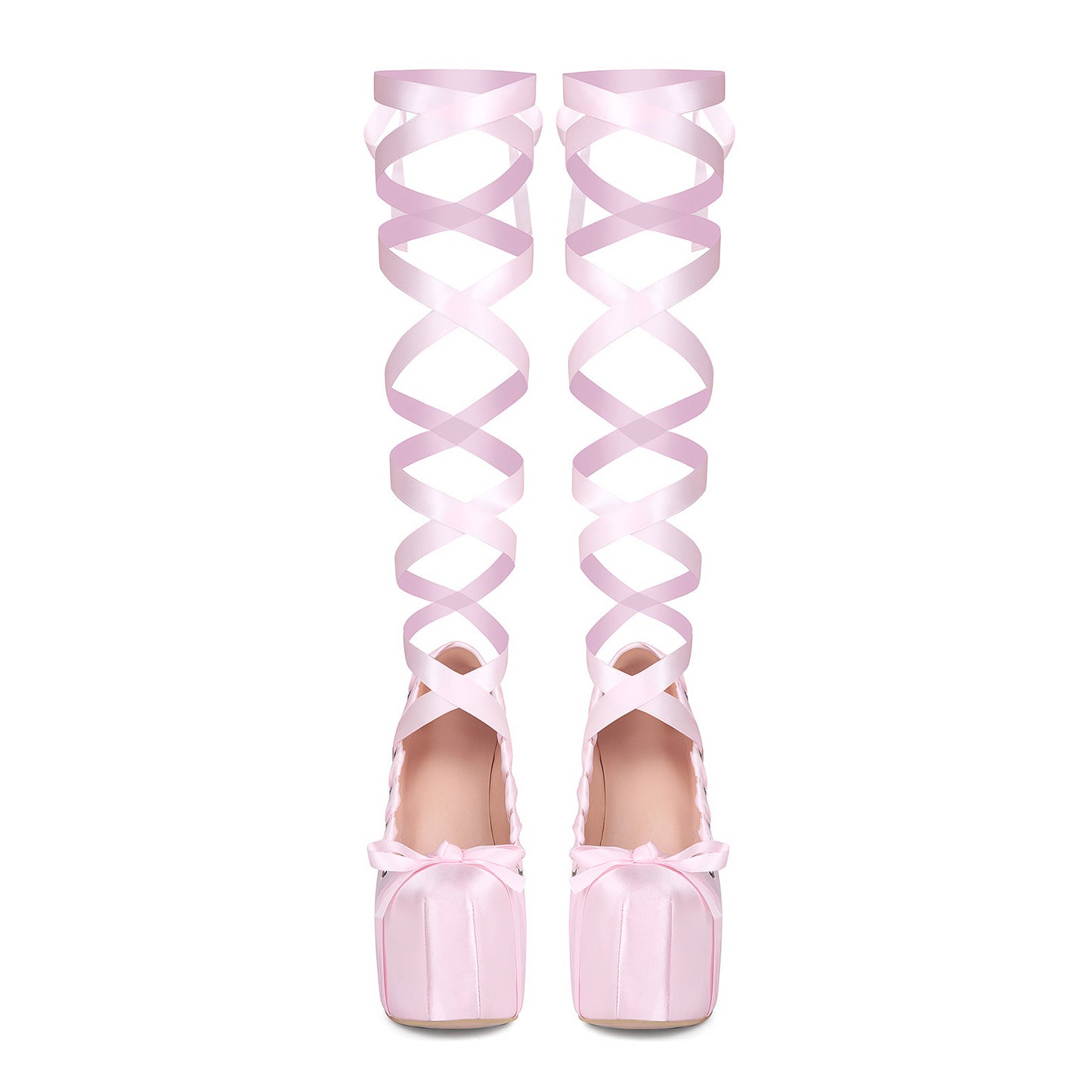 Pink High Heel Lace-up Ribbon Platform Womens Chunky Heels