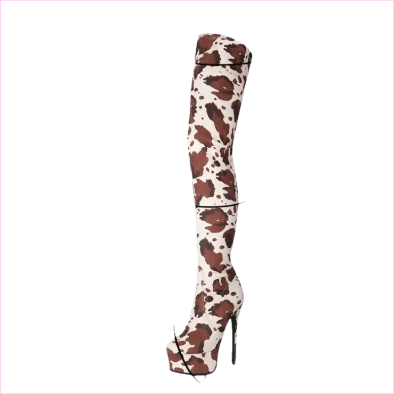 Thigh-high platform boots with a cow print pattern and measurements indicated.