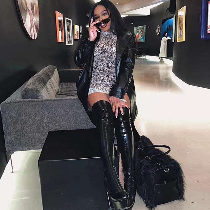 Women's over-the-knee Round Toe Platform Heel Zip Up boots