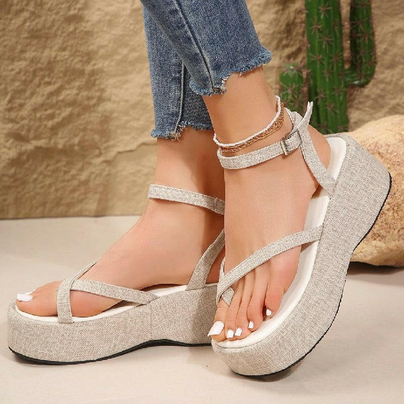 Denim Thong Open Toe Thick-wedge Womens Shoes