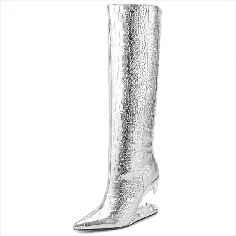 Shark Teeth Pointed High Heel Boots with Zipper silver / 35