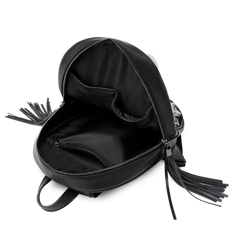 Black leather mini backpack with tassel zipper pull.