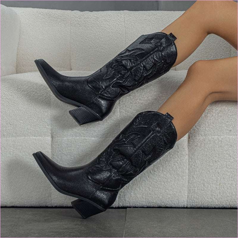 Embroidered Chunky Heel Satin Western Boots with Glimmers