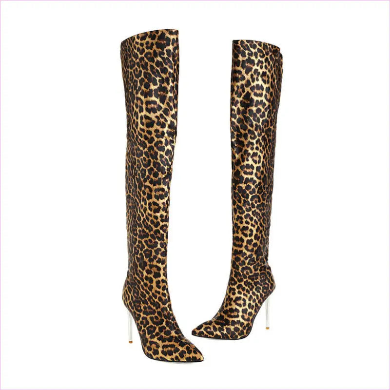 Pair of leopard-print thigh-high stiletto boots.