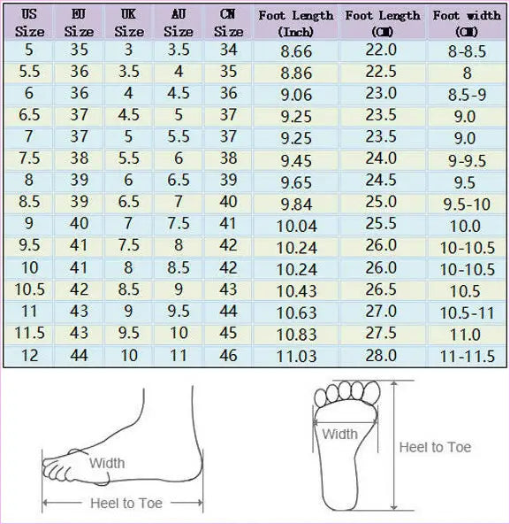 Shoe size conversion chart with foot measurements.