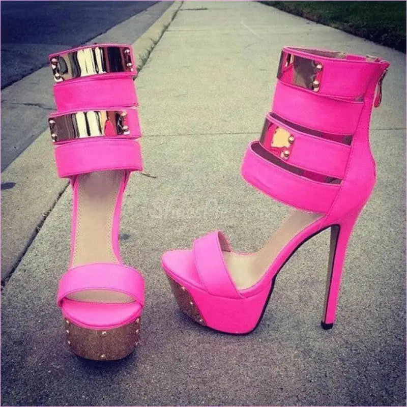 Ladies Open Toe Studded Platform Heel Shoes Pink / 34