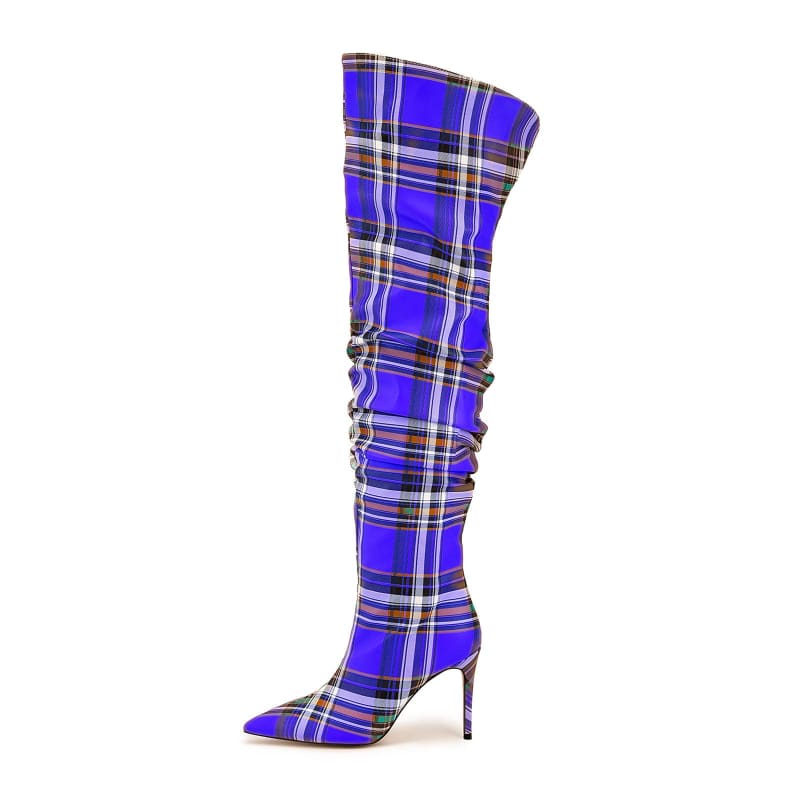 Thigh-high stiletto boot with a vibrant blue plaid pattern.