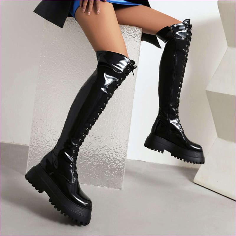 Ladies Knee High Punk Lace-up Round Toe Steampunk Boots