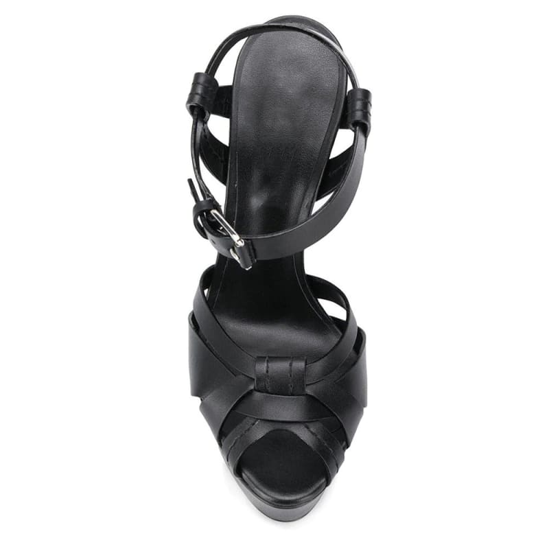 Black leather high-heeled sandal with multiple straps and an open toe.