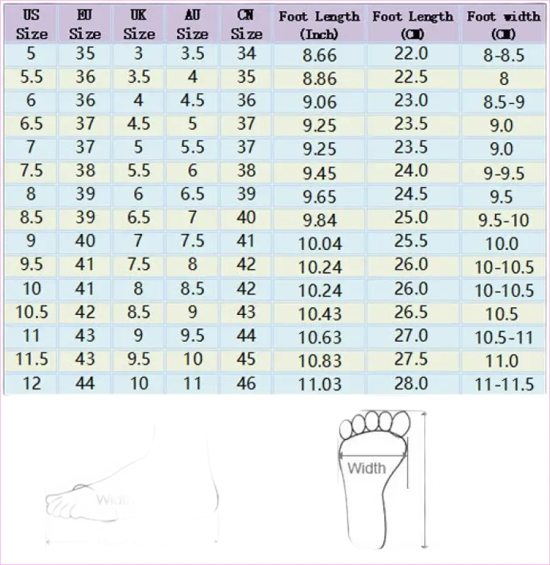 Shoe size conversion chart with foot measurements.