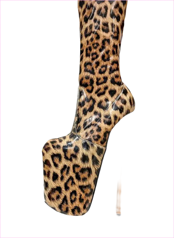 Extremely high platform stiletto boot with leopard print pattern.