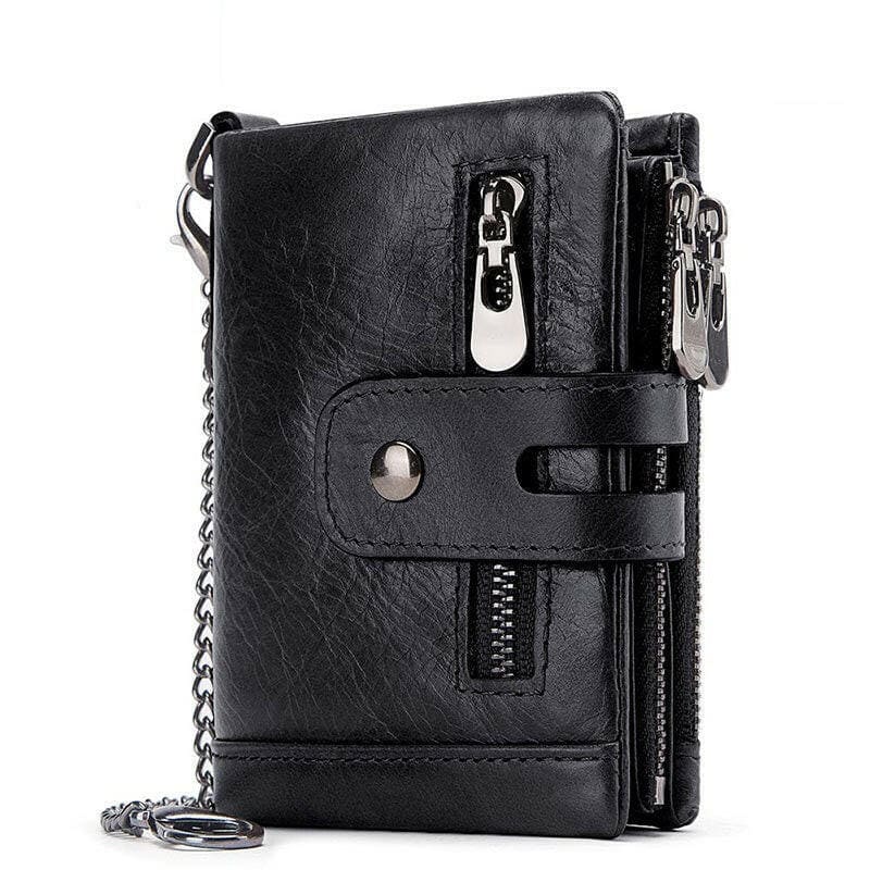 Mens Genuine Leather Wallet With Zip And Chain Detail Black