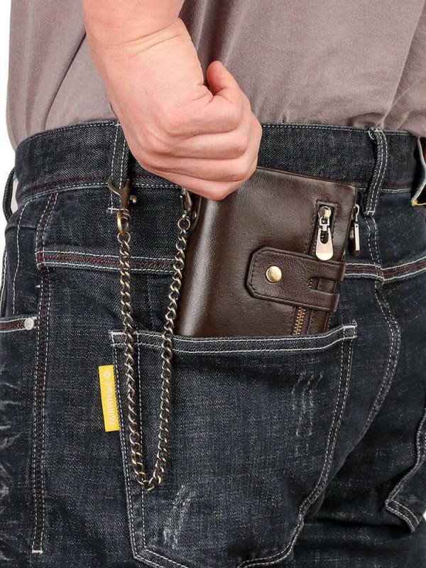 Mens Genuine Leather Wallet With Zip And Chain Detail