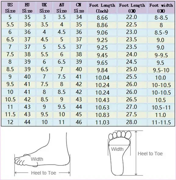 Shoe size conversion chart with foot measurements.