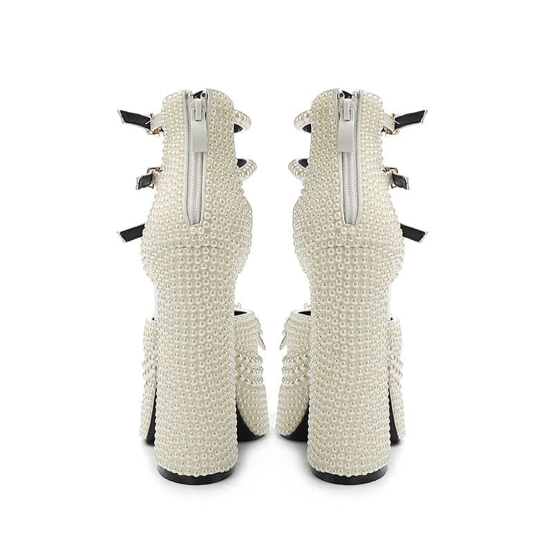 Patent Leather Pearl Encrusted High Platform Heel Shoes
