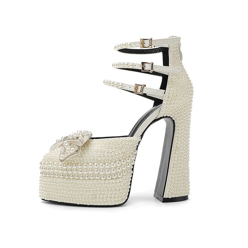 Patent Leather Pearl Encrusted High Platform Heel Shoes