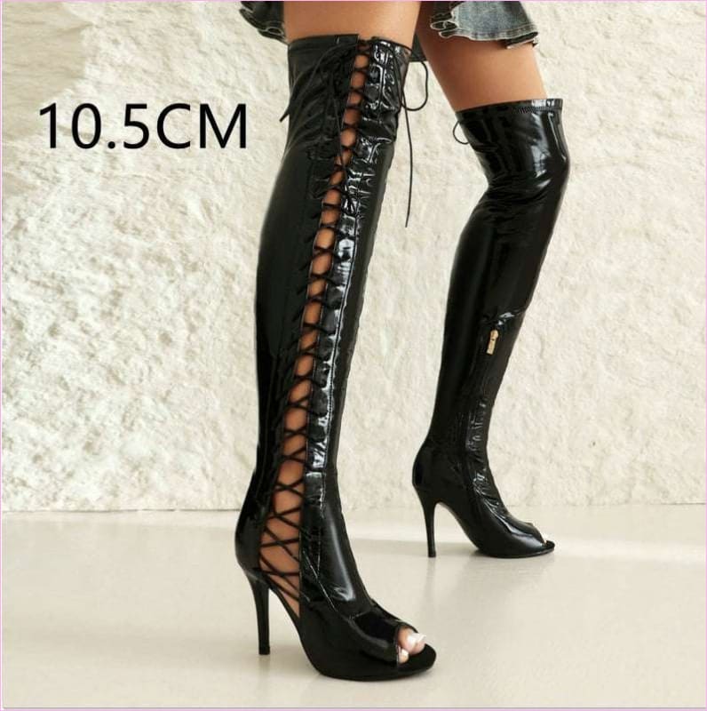 Patent Stretch Over-the-Knee Boots with 5cm Heel and Open