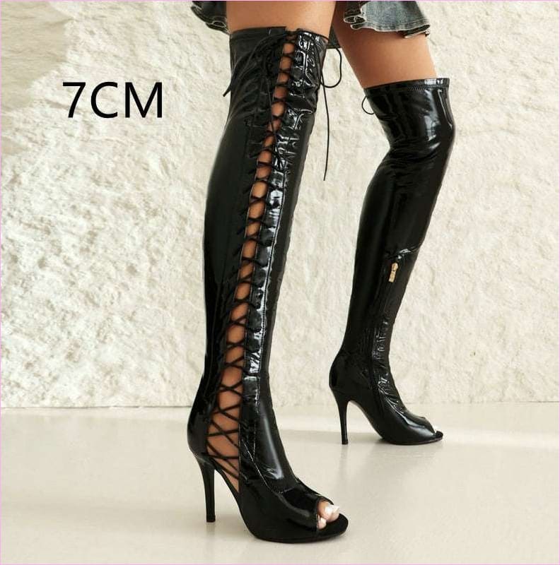 Patent Stretch Over-the-Knee Boots with 5cm Heel and Open
