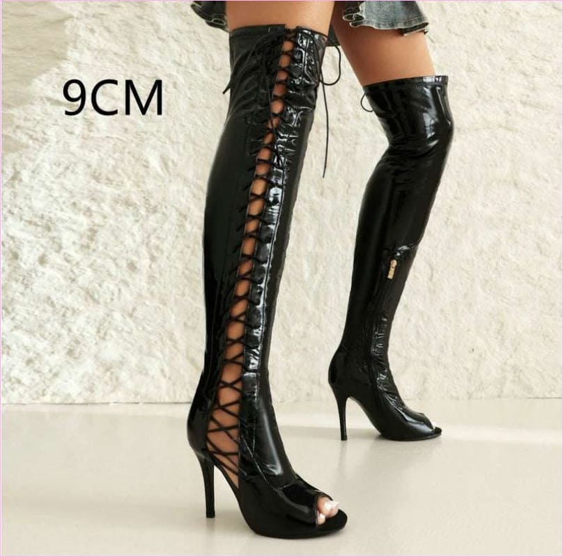 Patent Stretch Over-the-Knee Boots with 5cm Heel and Open