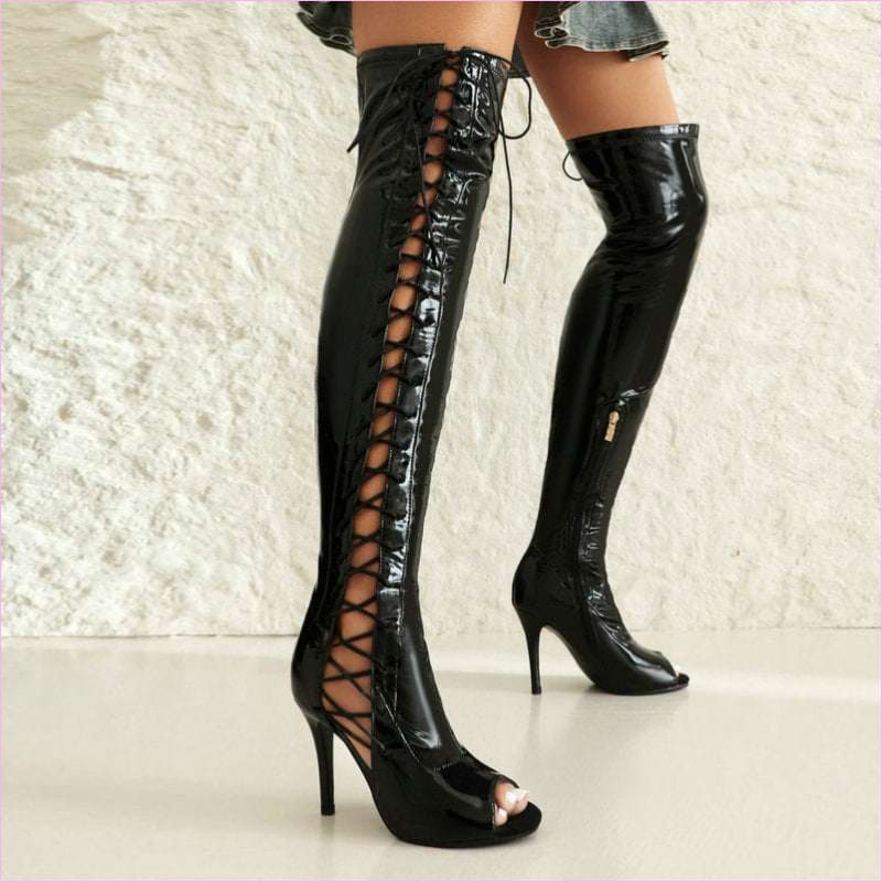 Patent Stretch Over-the-Knee Boots with 5cm Heel and Open