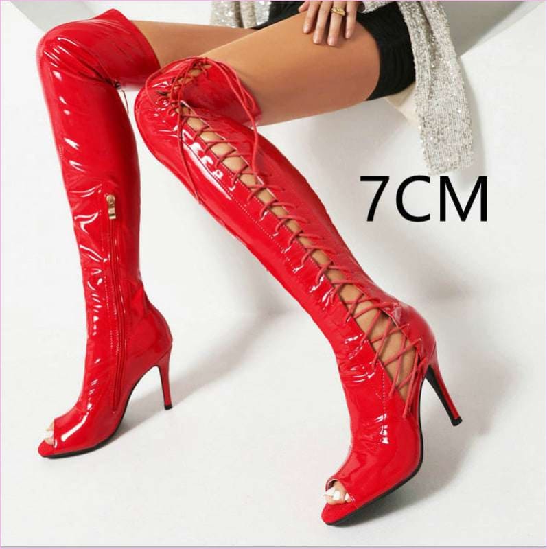 Patent Stretch Over-the-Knee Boots with 5cm Heel and Open