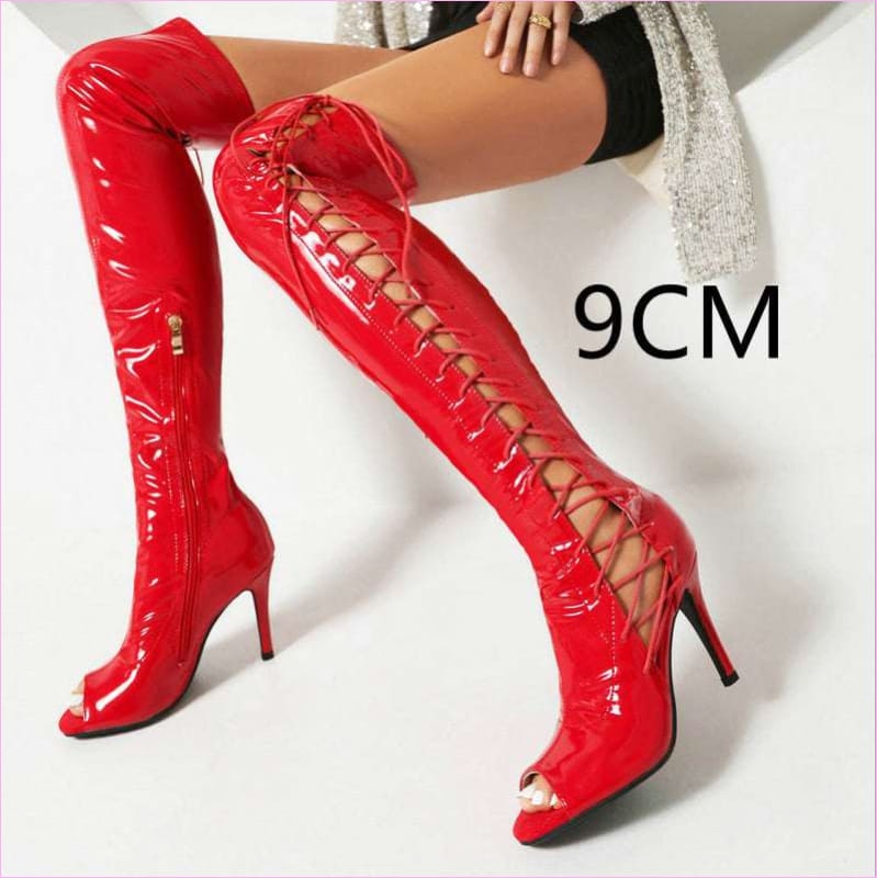 Patent Stretch Over-the-Knee Boots with 5cm Heel and Open