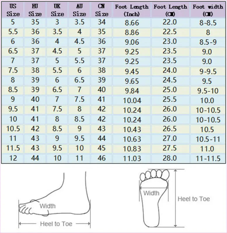 Shoe size conversion chart with foot measurements.