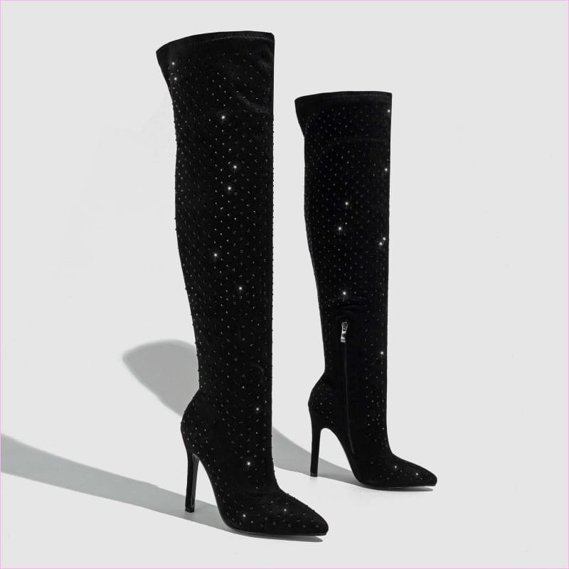 Pointed Toe Diamond Sequin Stiletto Boots for Fashion Glam
