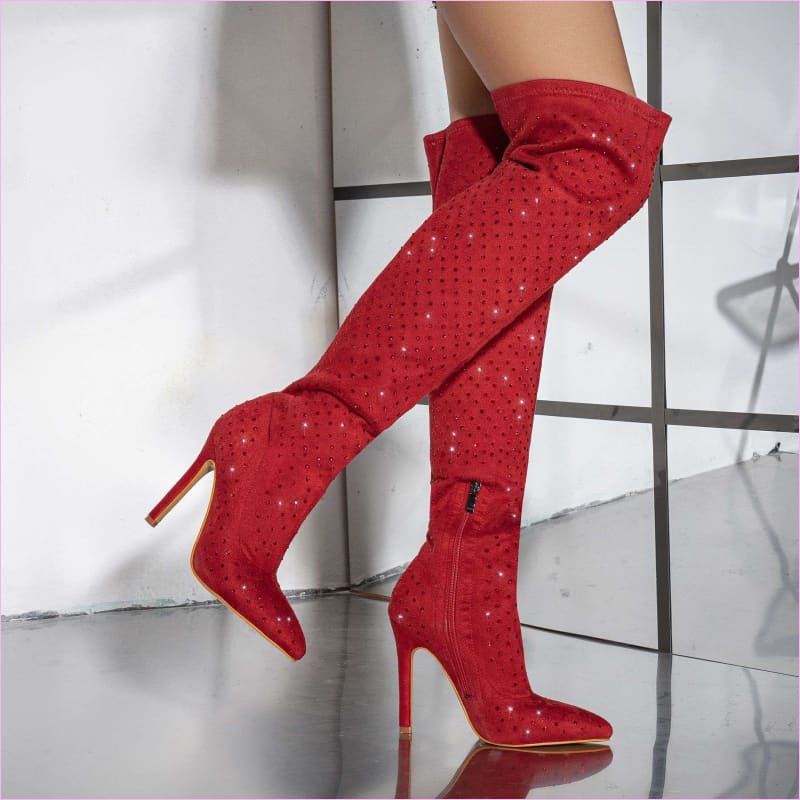 Pointed Toe Diamond Sequin Stiletto Boots for Fashion Glam