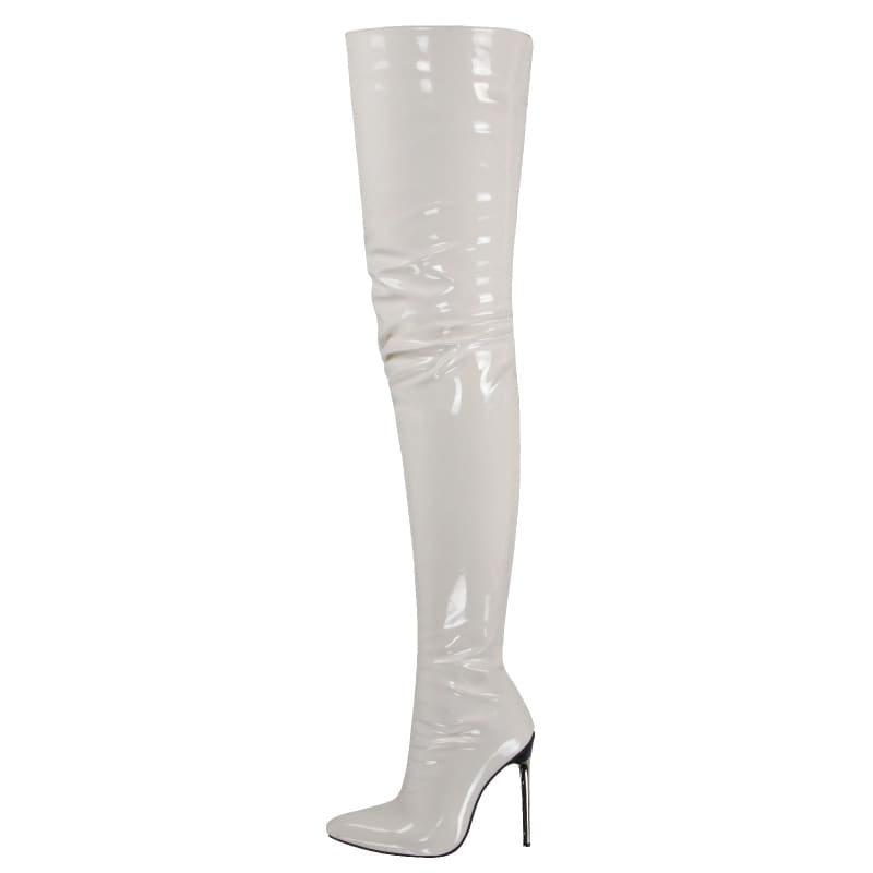 Shiny white thigh-high stiletto boot with a pointed toe.