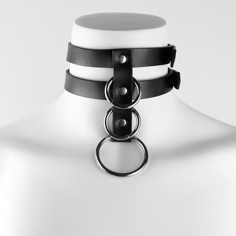 Black leather collar with multiple rings and straps.