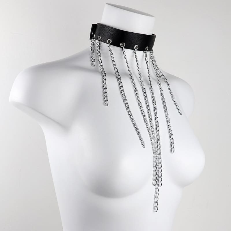 Black choker necklace with dangling silver chains of varying lengths.