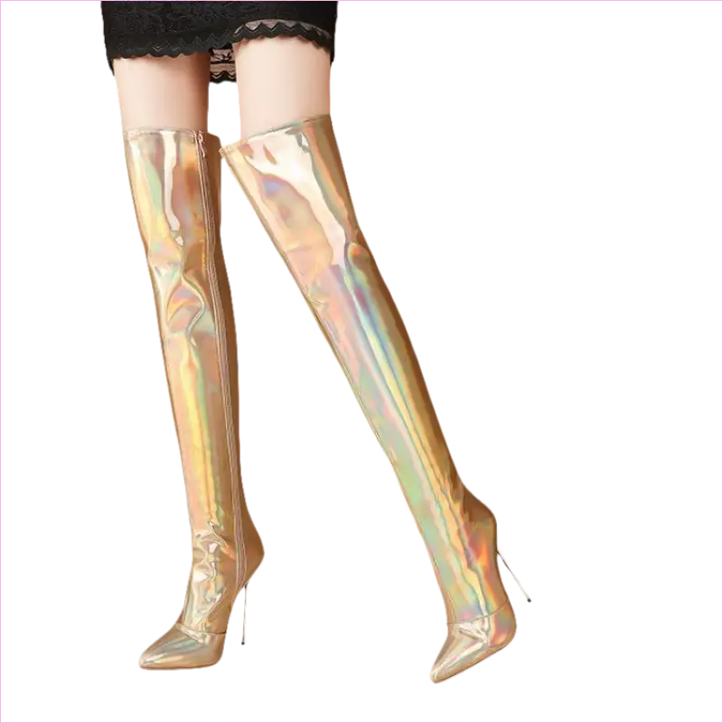 Shiny gold holographic thigh-high stiletto boots.