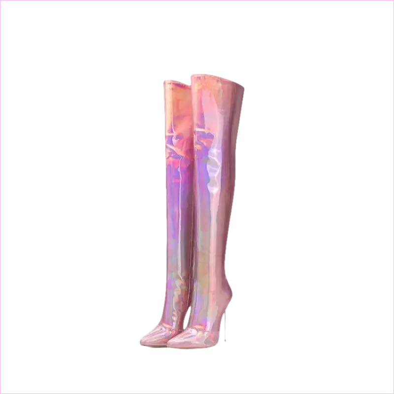 Shiny pink holographic thigh-high stiletto boots.