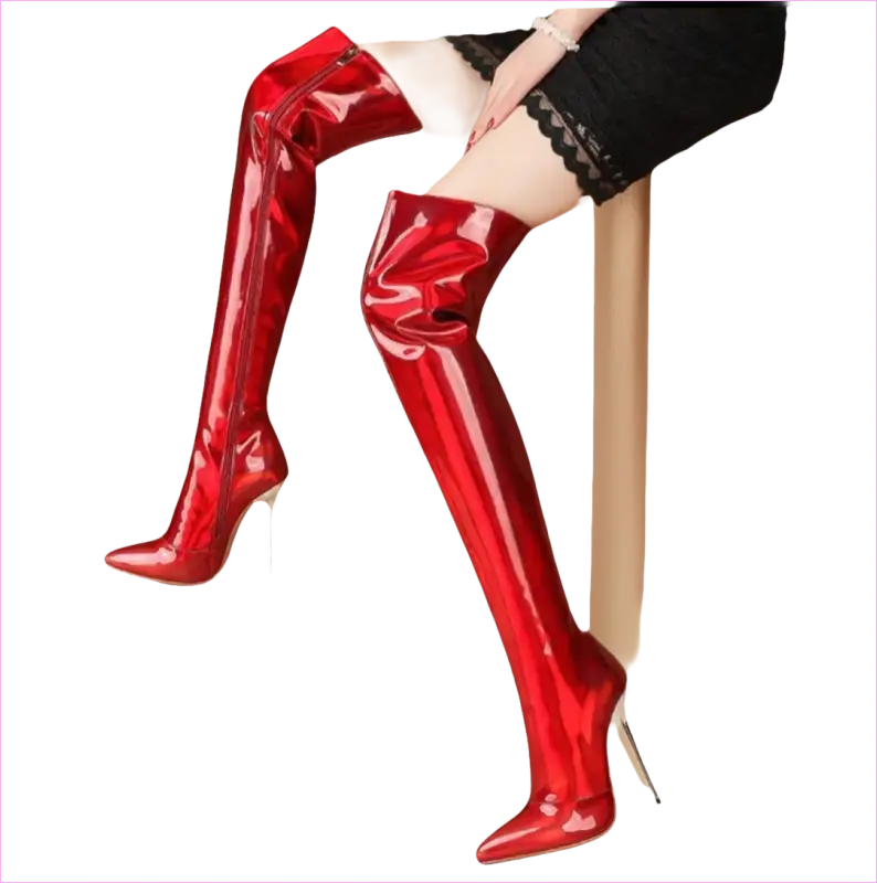 Shiny red thigh-high stiletto boots with pointed toes.
