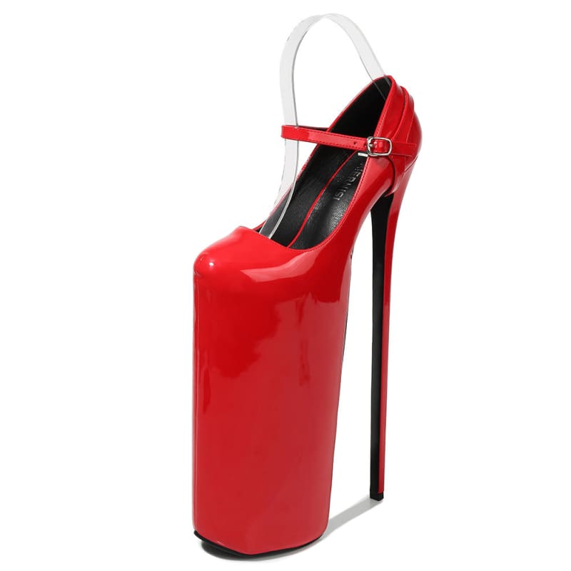 Extremely high platform stiletto heel in glossy red patent leather with an ankle strap.