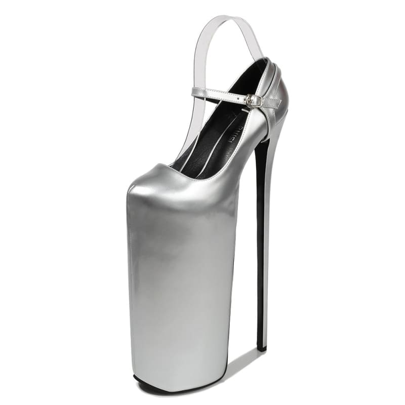 Extremely high platform stiletto heel in metallic silver with an ankle strap.