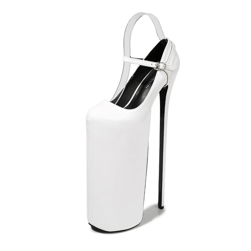 White platform high heel shoe with an extremely tall stiletto heel and ankle strap.