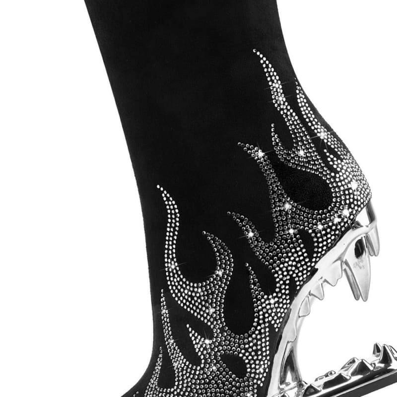 Unique Tiger Mouth Design Heel with Rhinestone Flame