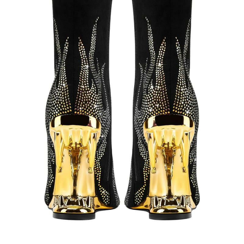 Unique Tiger Mouth Design Heel with Rhinestone Flame