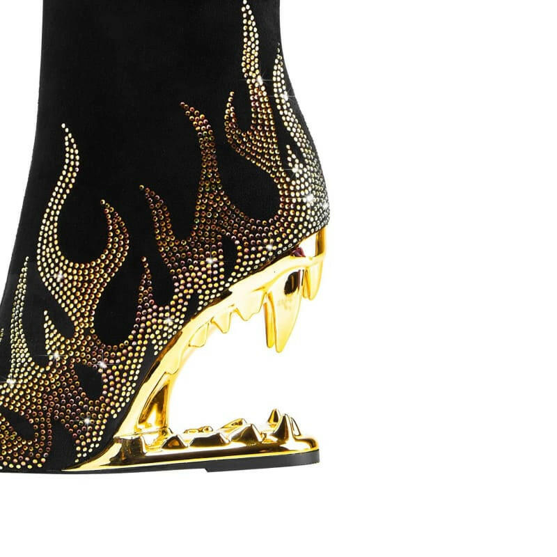 Unique Tiger Mouth Design Heel with Rhinestone Flame