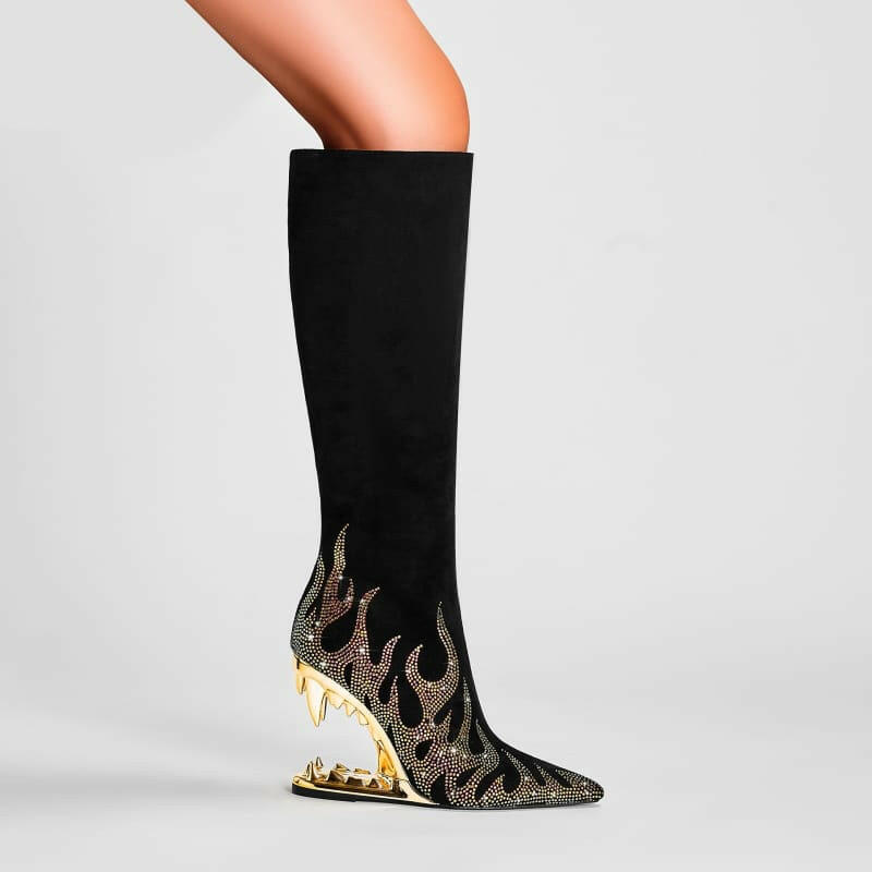 Unique Tiger Mouth Design Heel with Rhinestone Flame Gold